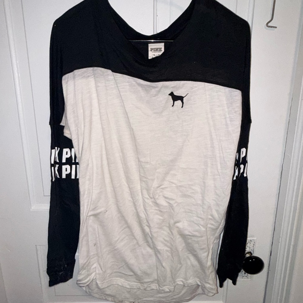 Victoria's Secret PINK Black & White Raglan Tee with Dog Logo